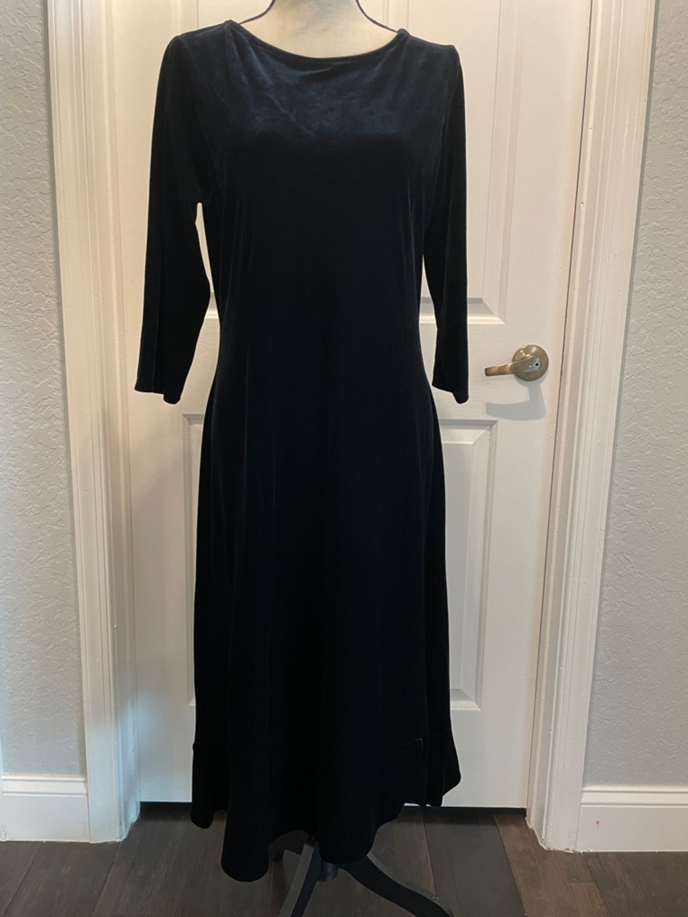 Talbots Black Velvet Long Sleeve Midi Dress with Boat Neck